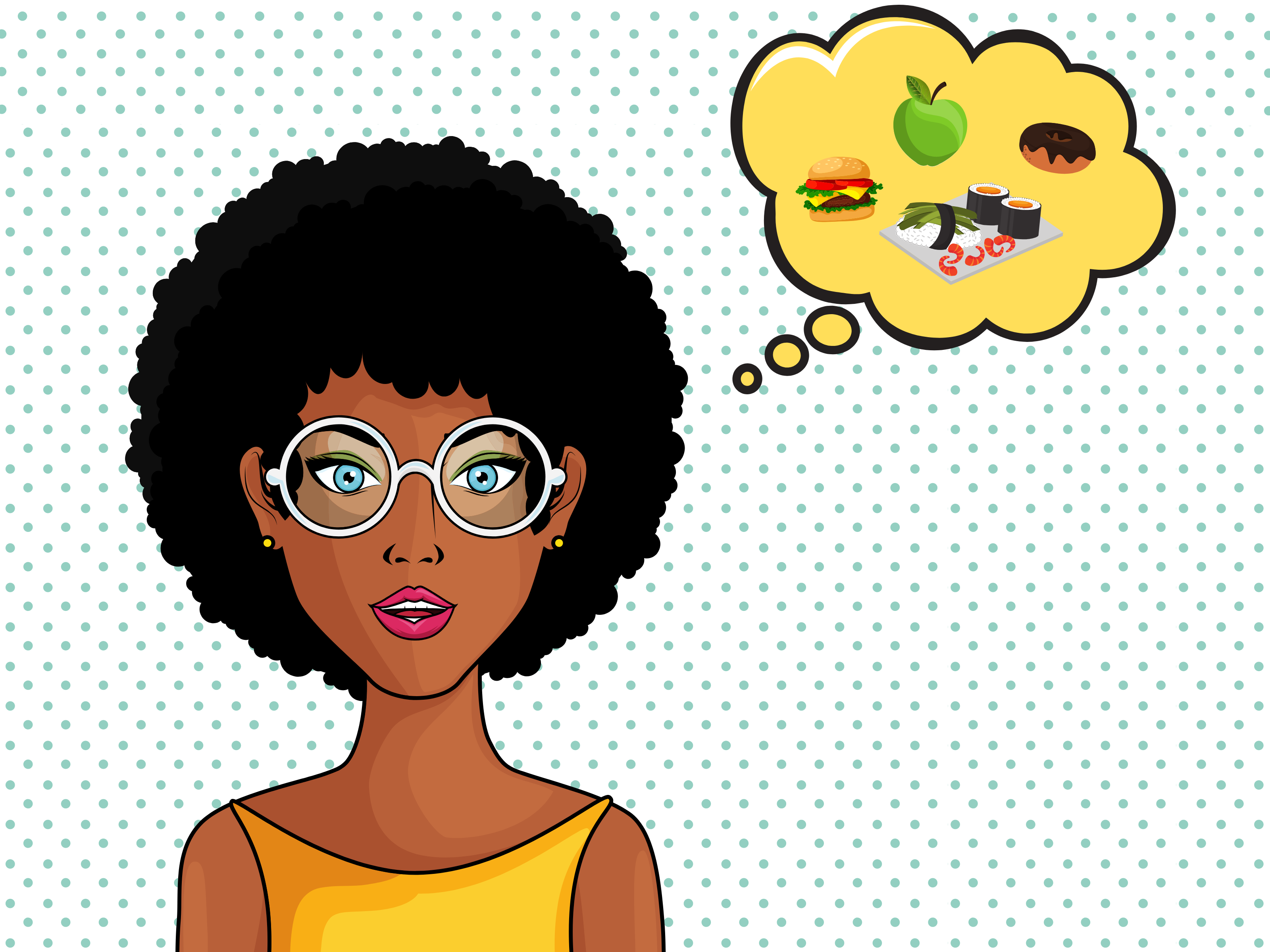 Cute comic-style cartoon of a pretty, young, black woman with glasses and a thought bubble with images of food...some healthier than others...as she's wondering what she ought to eat today.