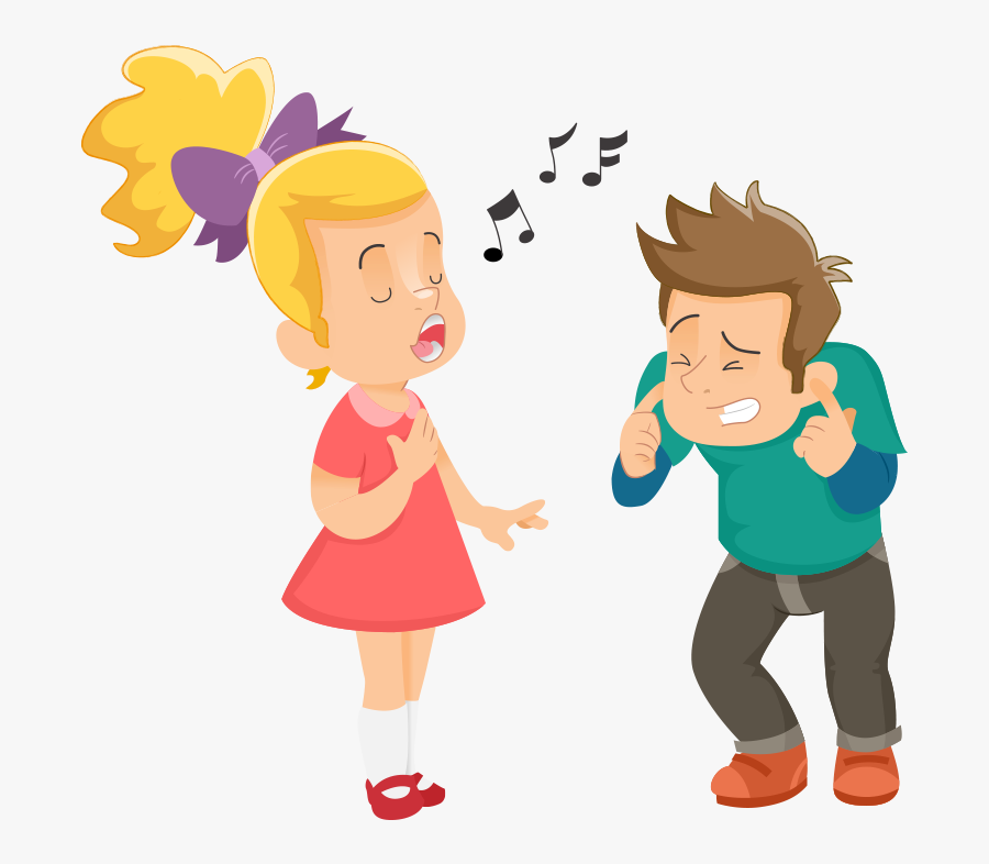 cartoon little girl singing man shutting his ears