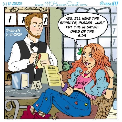 Esse Johnson's comic character BB, redhead with jean jacket, crop top and star spangled mom jeans sitting at a cafe table placing an order with a male waiter ordering "the effects, with negative ones on the side" copyright Esse111 Esse Johnson 2020 