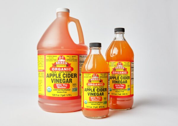 Bragg's Organic Apple Cider Vinegar image of three sizes 16 oz, 32 oz, and 128 oz