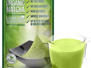 Kiss Me Organics Culinary Matcha image of package with clear mug of prepared green matcha tea and powder to boost immune system and support vibrant health & vitality