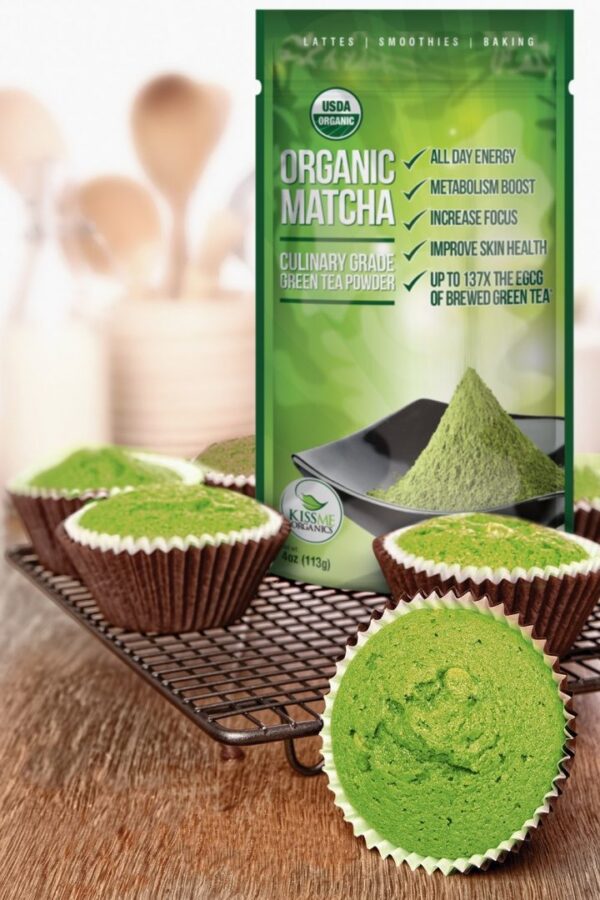 Kiss Me Organics Culinary Matcha image of package with four green baked muffins made with matcha to boost immune system and support vibrant health & vitality