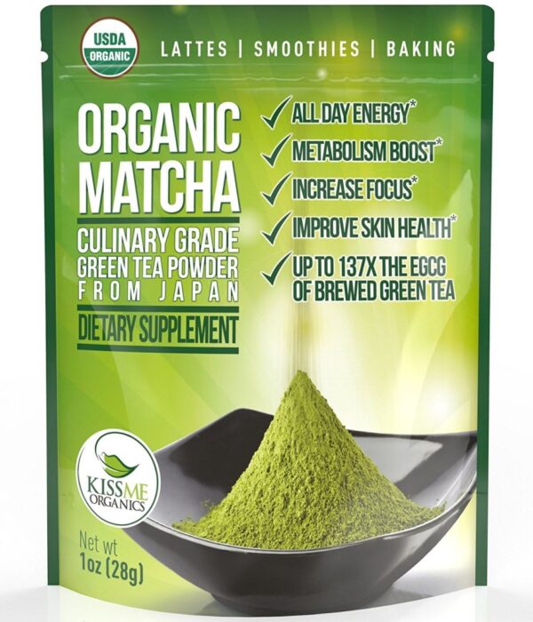 Kiss Me Organics Culinary Grade Matcha image of package marking it as a dietary supplement that can be used in lattes, smoothies and baking for all day energy, metabolism boost, increase focus, improve skin health, and provide high amounts of EGCG to boost immune system and enhance well being