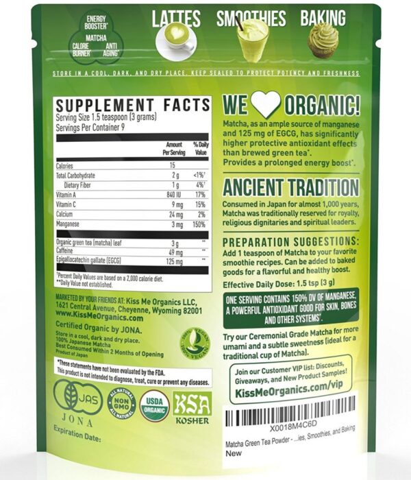 Kiss Me Organics Culinary Matcha image of package backside with nutritional label, and preparation suggestions to boost immune system and support vibrant health & vitality