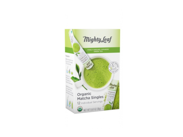Mighty Leaf Organic Matcha Singles box which indicates the package includes 12 single serve packets to boost immune system and enhance well being