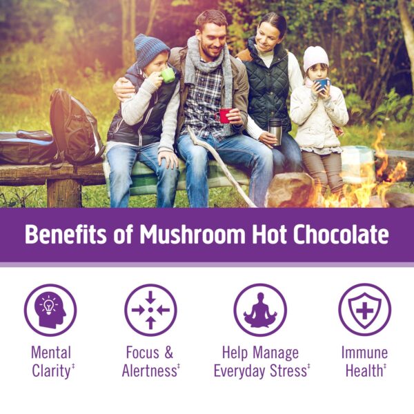 Om Mushroom Superfood Organic Hot Chocolate image of two parents and two children sitting in front of a campfire enjoying their mugs filled with Mushroom Hot Chocolate to improve mental clarity, focus and alertness, help manage every day stress, and boost immune health.